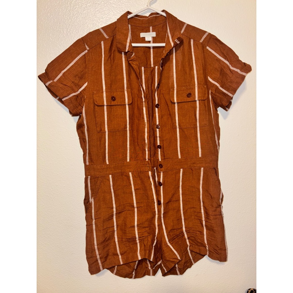 OUTERKNOWN Sea Romper Linen Stripe Playsuit Shortalls Brown Caramel Sz M - Picture 3 of 5